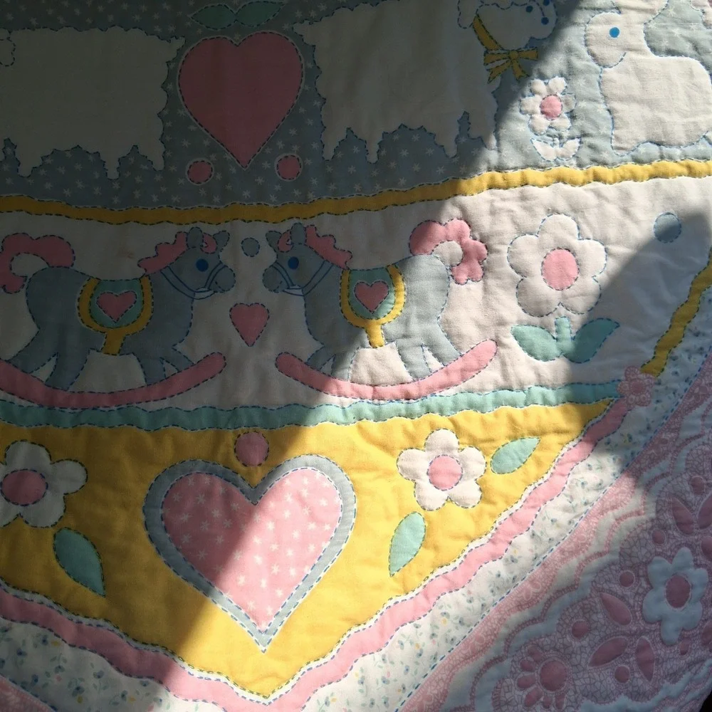 Vintage 90s Baby Quilt Blanket Pastel Hearts Bunnies Sheep Rocking Horse VGVC